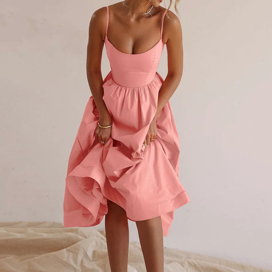 2024 European and American women's foreign trade spring and summer new products solid color sexy U-neck cinched waist pleated suspender large swing dress