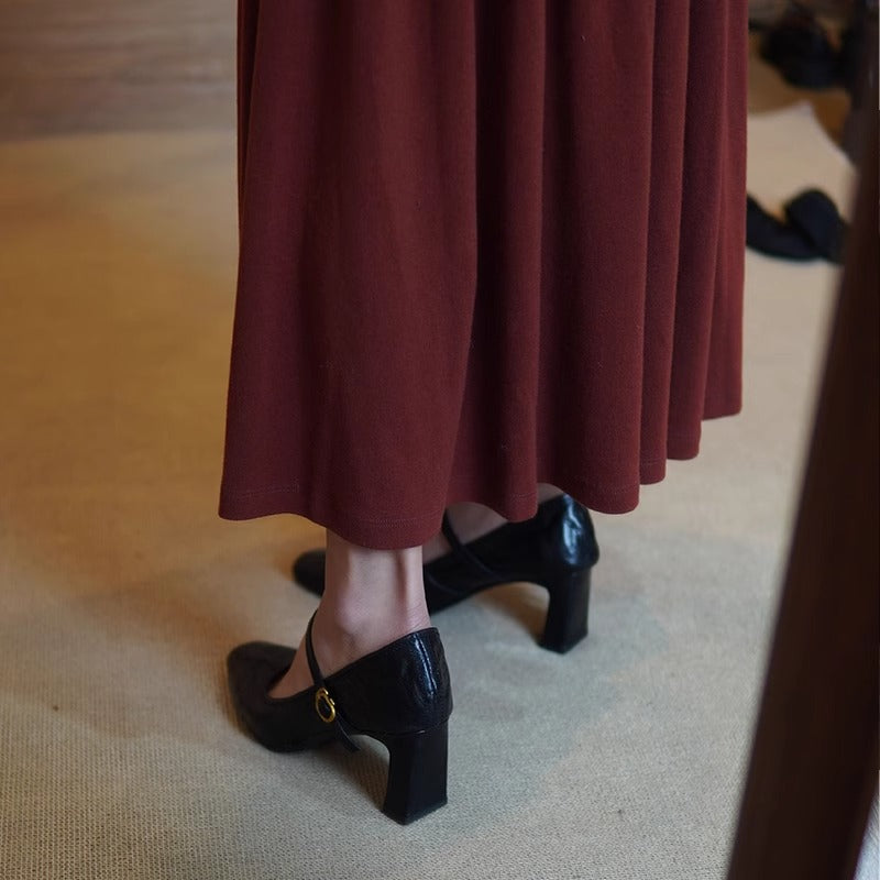 Soft sheepskin black high heels 2025 spring and autumn new French retro block heel strap Mary Jane women's singles