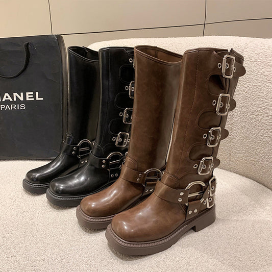Travel must-wear boots, women's American vintage martin boots, brown high boots, long-cut western cowboy boots, women's boots