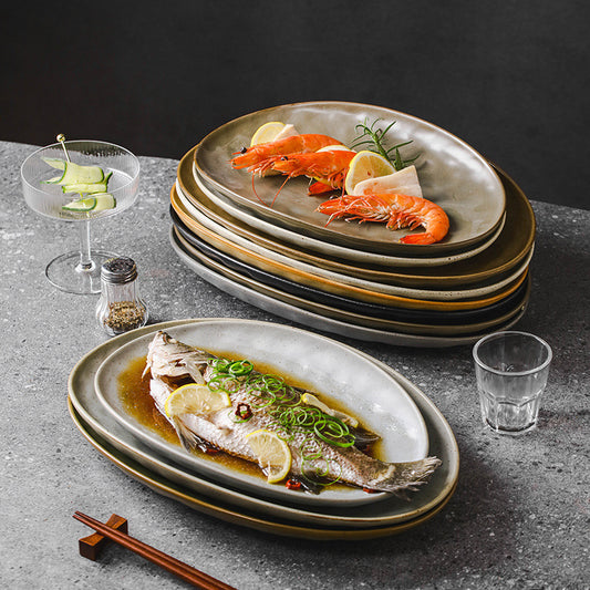 Cross-border Japanese ceramic large oval sashimi plate household fish plate Dan-shaped barbecue plate commercial vegetable plate table tableware