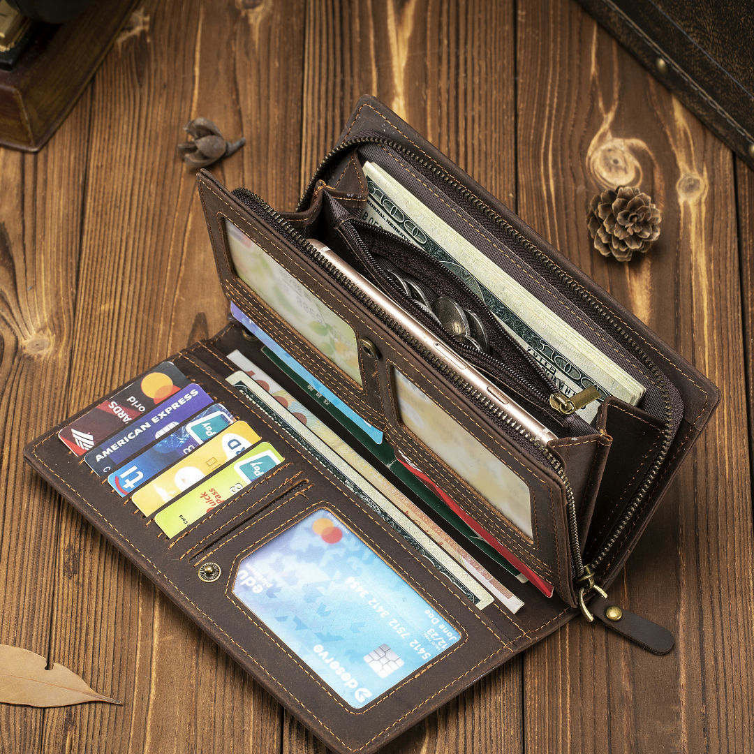 New men's clutch Crazy Horse leather long wallet tiktok zipper business clutch bag leather clutch men