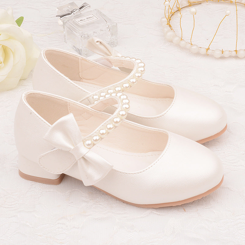 Children's shoes factory wholesale children's leather shoes white bow spring and autumn girls high-heeled princess shoes pearl tide shoes