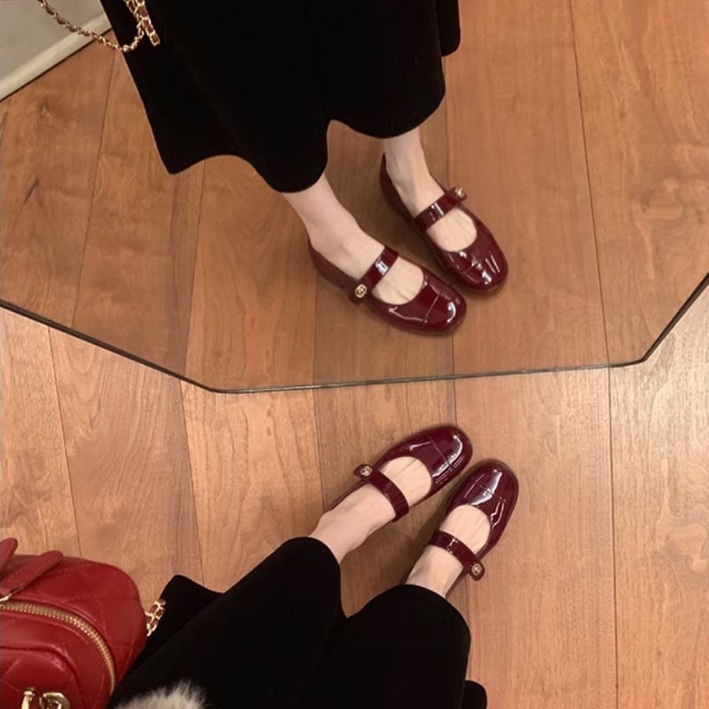 Small fragrance style Mary Jane shoes women's French one-button spring flat shoes shallow thick heels small leather shoes loafers women
