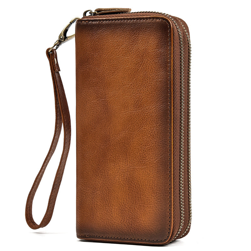 Men's Crazy Horse Leather Long Wallet Leather Zipper Wallet Double Cowhide Clutch Bag Vintage Casual Clutch Bag