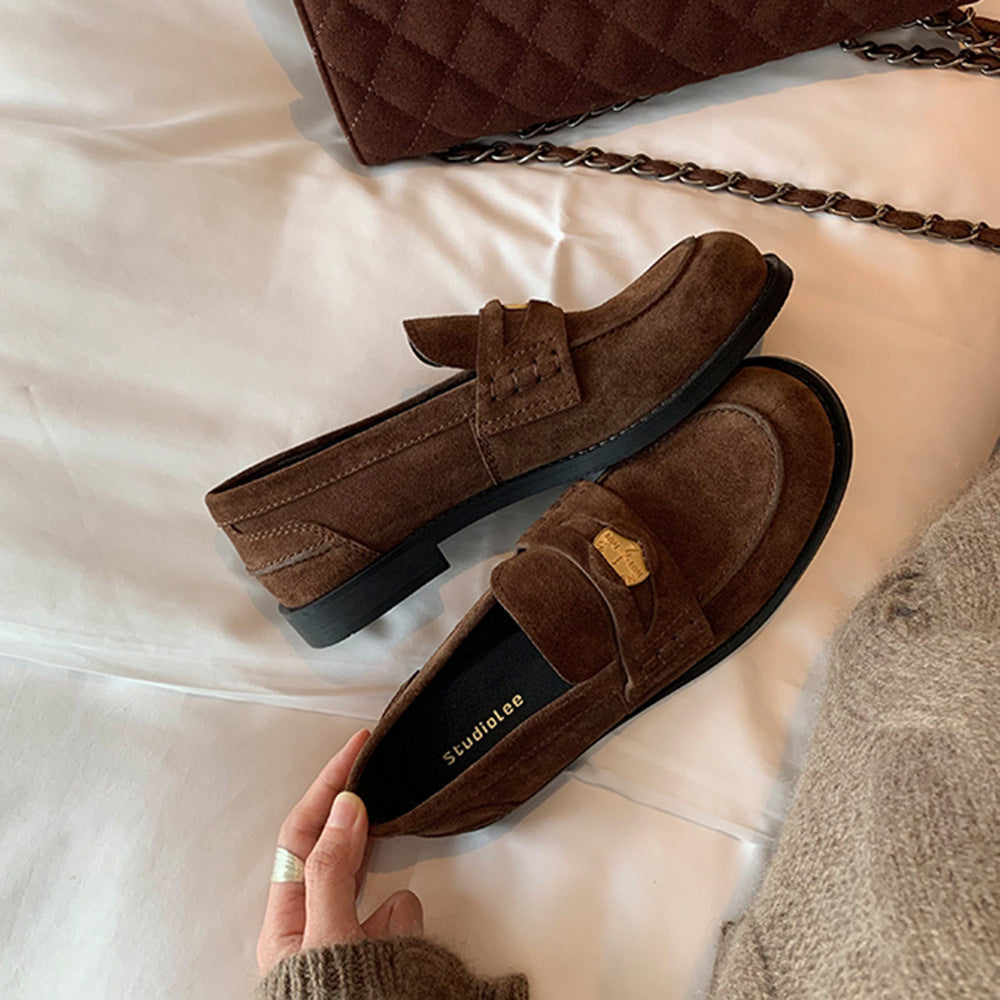 Horse leather version ~ leather gold coin loafers women's British style versatile retro foot small low heel JK small leather shoes single shoes