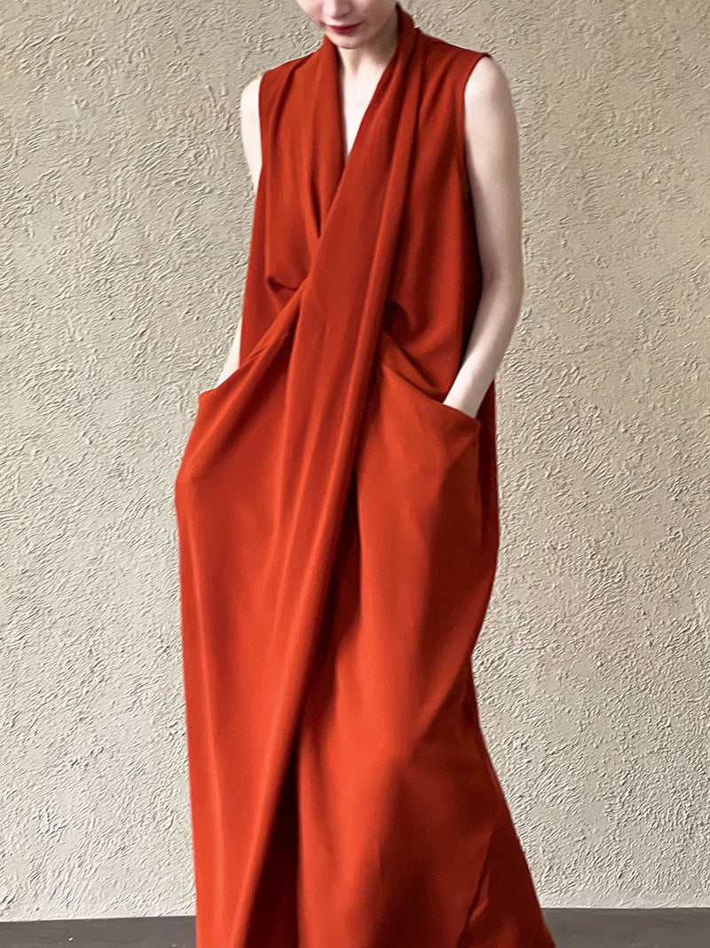 Luxi temperament V-neck sleeveless kink waist dress women's thin irregular senior Hong Kong style long skirt 3985