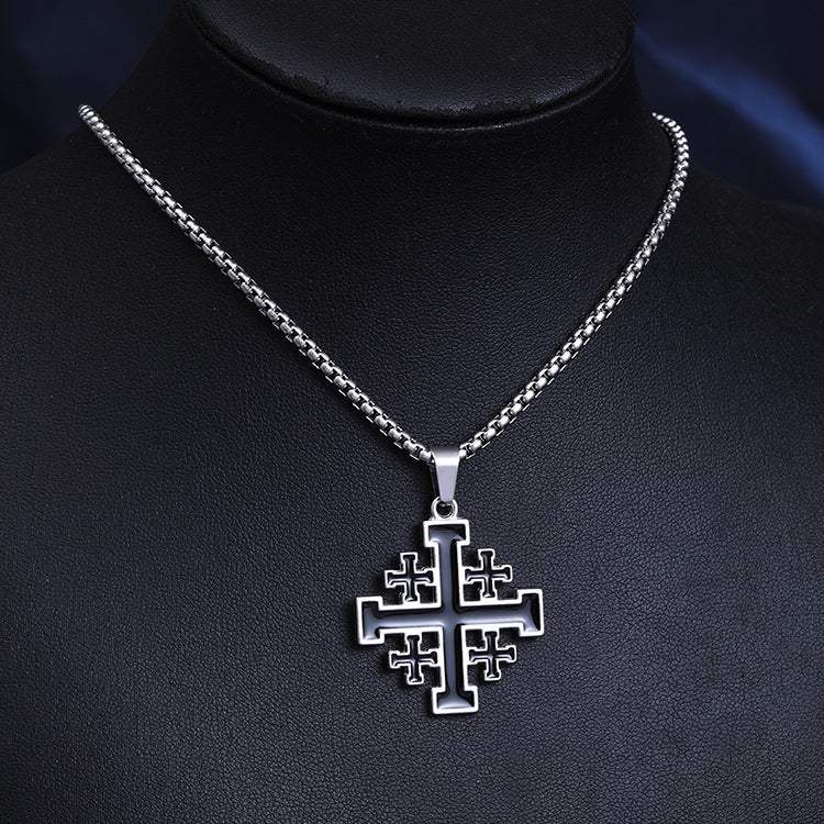 Explosive Retro Versatile Dripping Oil Black Cross Necklace Men's European and American Hip Hop Long Stainless Steel Sweater Accessories