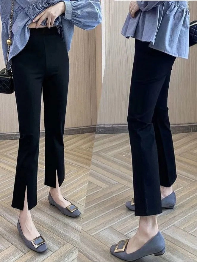 Pear-shaped body, slightly flared, slit, cropped suit pants, women's spring and summer, new small man, large size, flesh covering, thin long pants