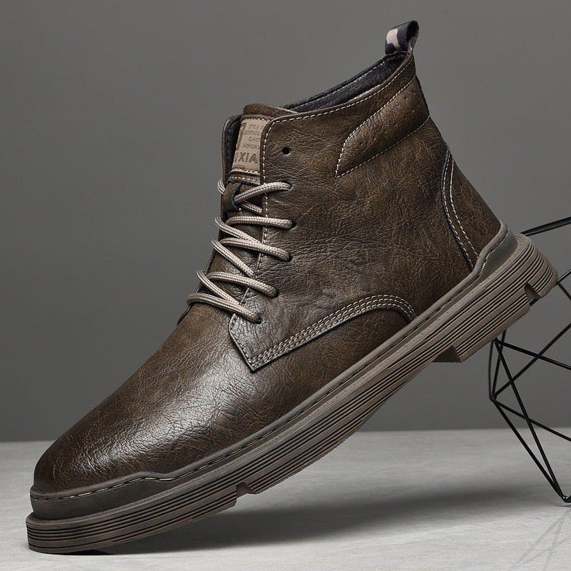 High Top Men's Leather Boots Winter Men's Car Stitching Warm Spot Martin Boots Brown Round Toe Pile Shoes Casual Men's Shoes