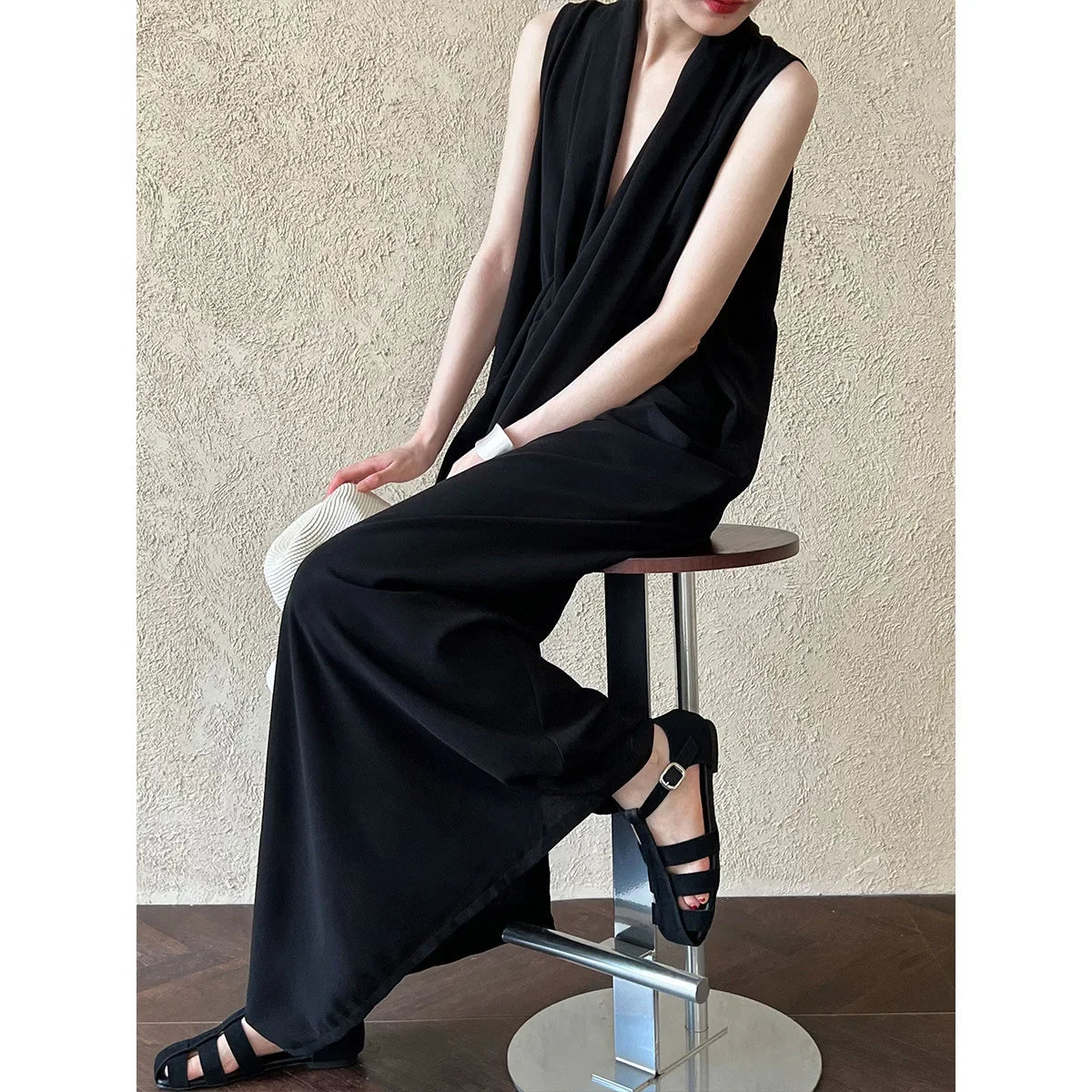 Luxi temperament V-neck sleeveless kink waist dress women's thin irregular senior Hong Kong style long skirt 3985
