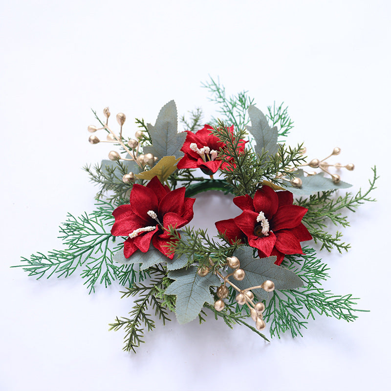 Cross border simulation pine cone red fruit candle wreath desktop home decoration Christmas table setting candle holder small garland