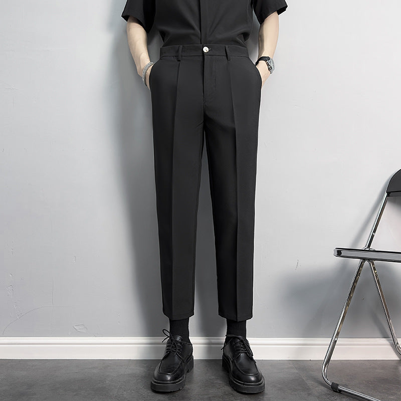 Slim fit, straight, anti-wrinkle suit trousers, men's non-iron, business casual pants, high-end drape, black cropped trousers