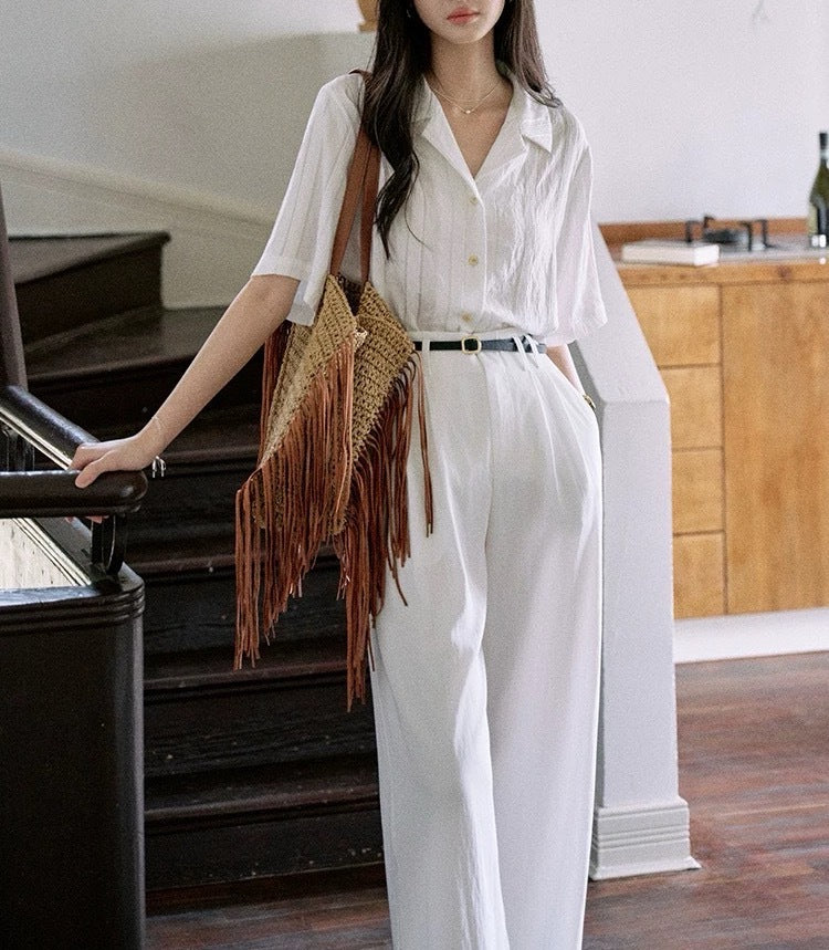 Jicouture "Nanyang Holiday" loose short sleeve Cuban collar shirt women's summer French vintage casual top