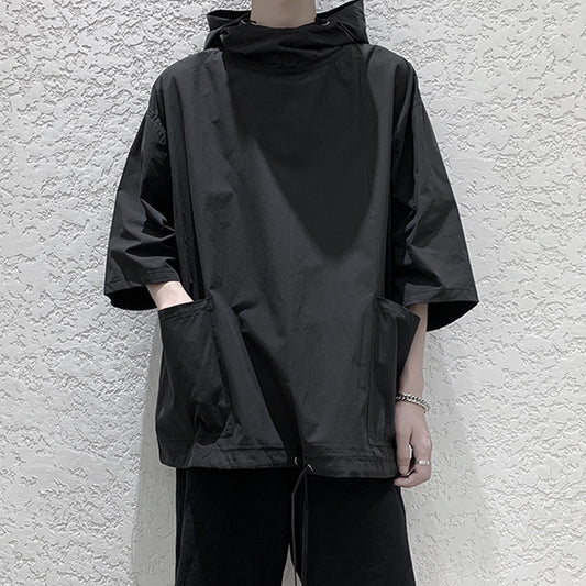 Summer Hooded Short Sleeve T-Shirt Men's Loose Quarter Sleeve Sweatshirt Trendy Trench Coat Type Pullover Medium Sleeve Clothes Summer Dress