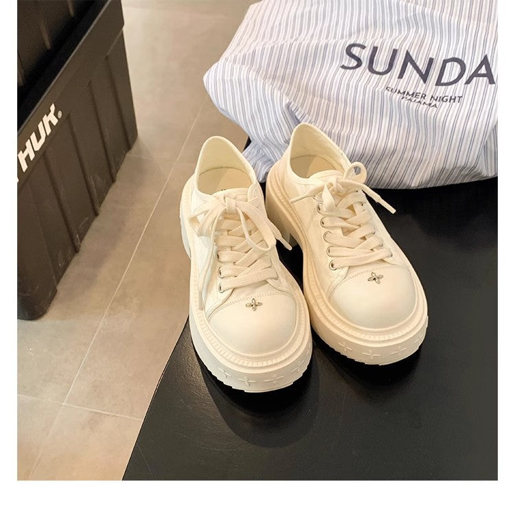 Grape mom has the same style as the big round toe 7cm thick sole heightening lace-up round toe white shoes casual canvas shoes for women autumn and winter