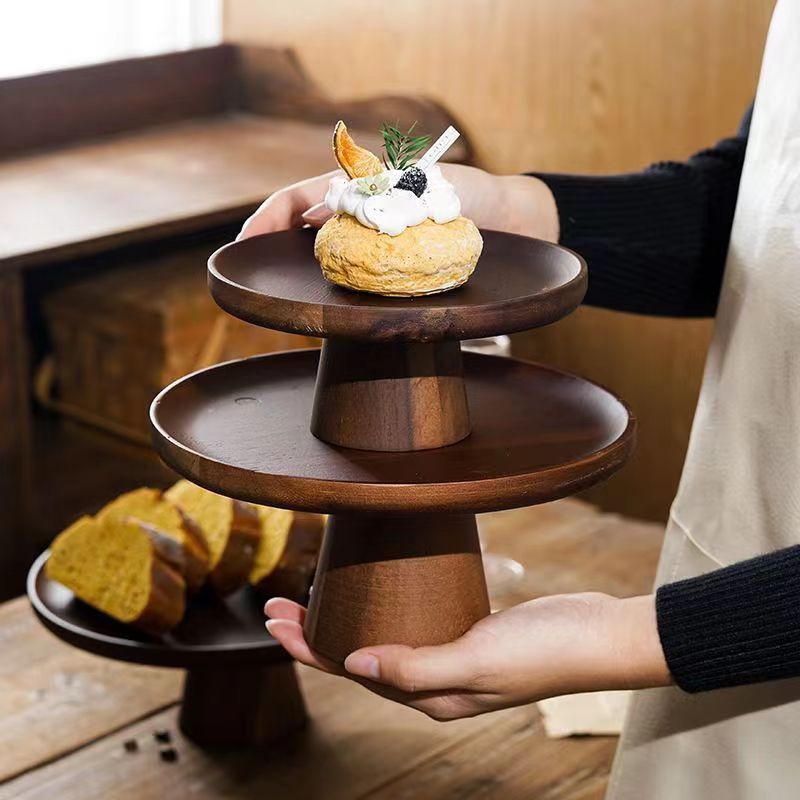 Acacia wood stilt cake plate, wedding dessert table, high-value multi-layer fruit snack plate, solid wood dim sum display plate