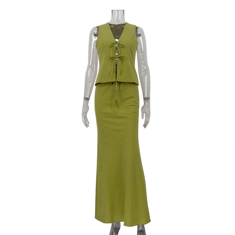 Cross border amazon 2024 new sleeveless lace-up vest top women's summer suit vest skirt two-piece set