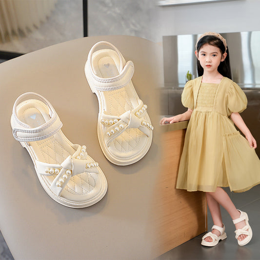 Girls' shoes 2025 summer new children's sandals soft soles pearl little girls princess shoes middle and big kids beach shoes