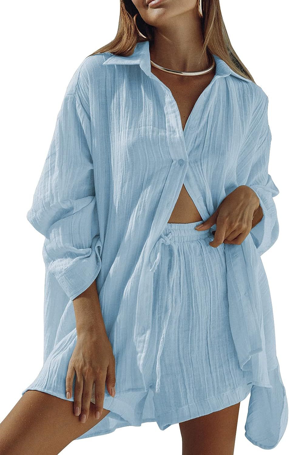 European and American women's casual two-piece set for summer 2023 new long-sleeved shirt, top and shorts tracksuit set
