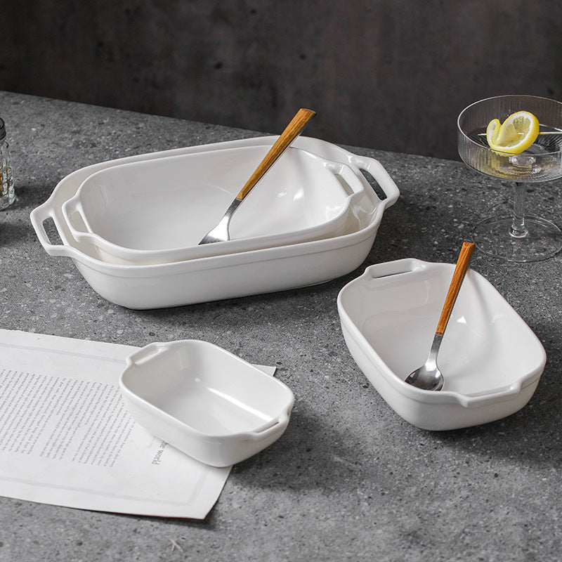 Simple pure white ceramic rectangular amphora baking dish cheese baking bowl high temperature resistant home baking bowl snack bowl steamed fish plate