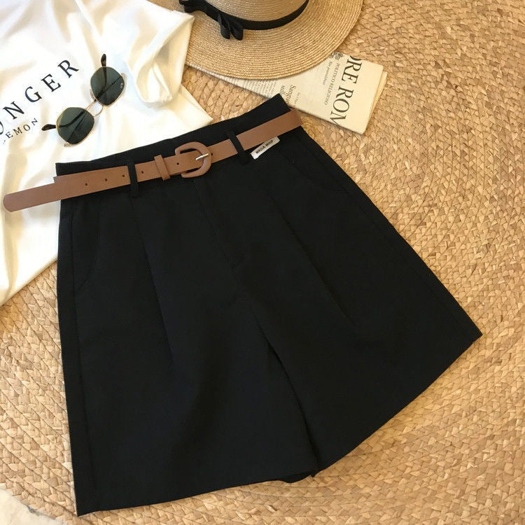 [With belt] cargo wide-leg pants, women's summer new thin five-point pants, loose and versatile high-waisted slacks