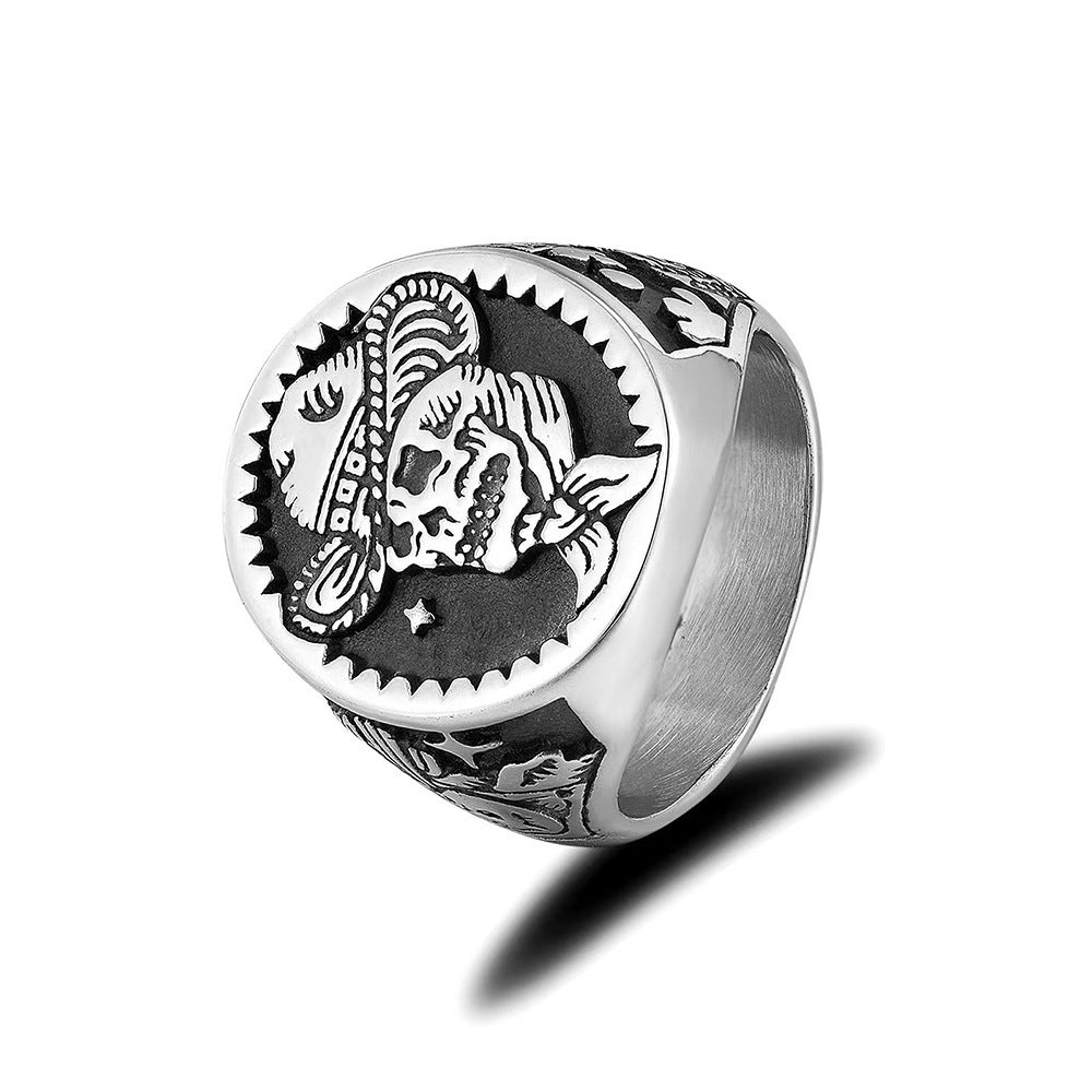 Cross-border jewelry wholesale European and American personality pipe skull titanium steel ring retro punk men's stainless steel ring