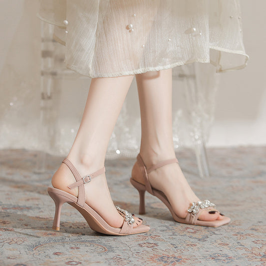 Nude high heels, women's summer buckle, rhinestones, French celebrity temperament, not tired, foot fairy style, fashion sandals