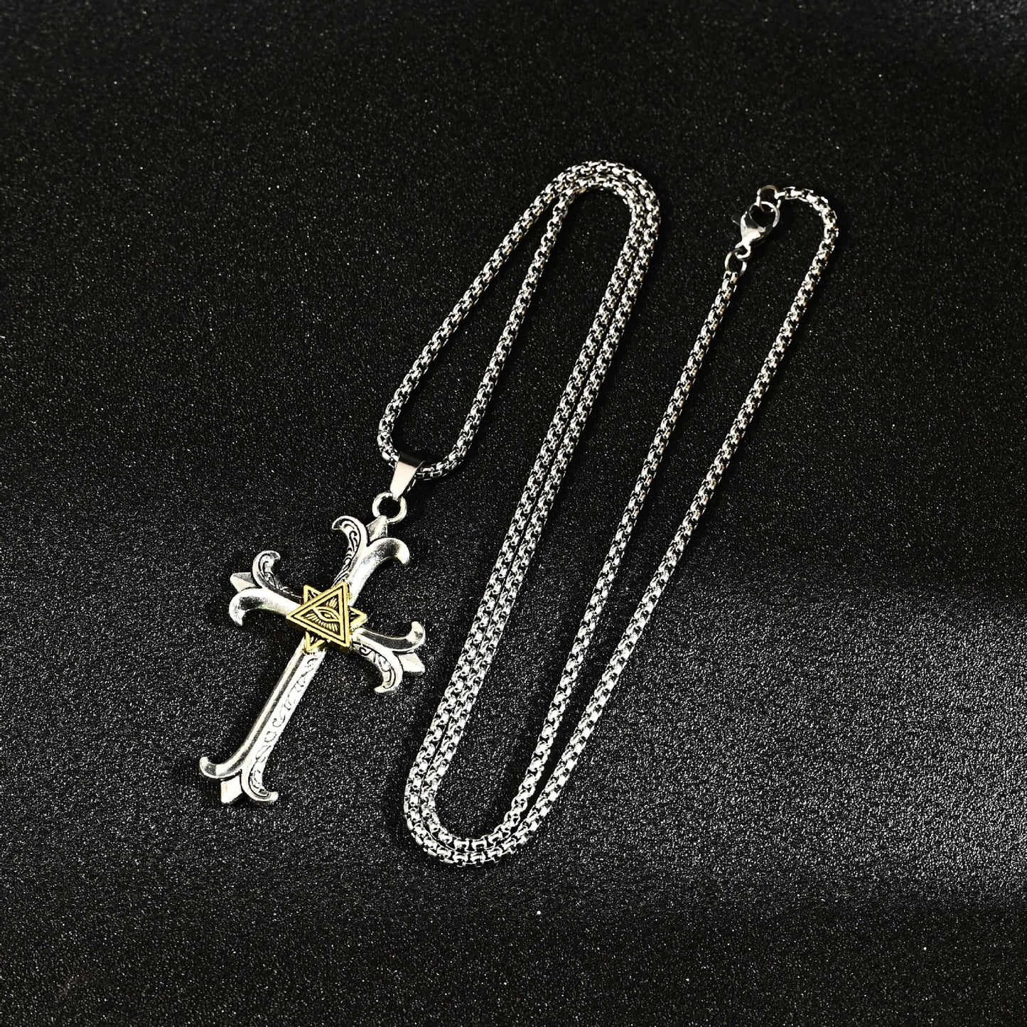 Cross-border hip hop eye of God men's cross pendant Thai silver old personality niche necklace pendant hip hop style