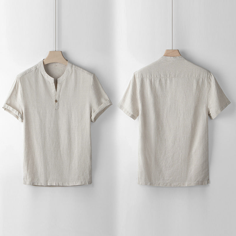 202 men's linen cotton short sleeve pullover stand collar shirt casual linen scoop neck top