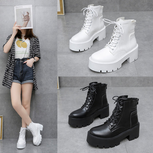 Fall/Winter 2022 New Mid Boots Women's New Soft-soled Martin Boots Korean Version Lace-up Platform Martin Boots Women