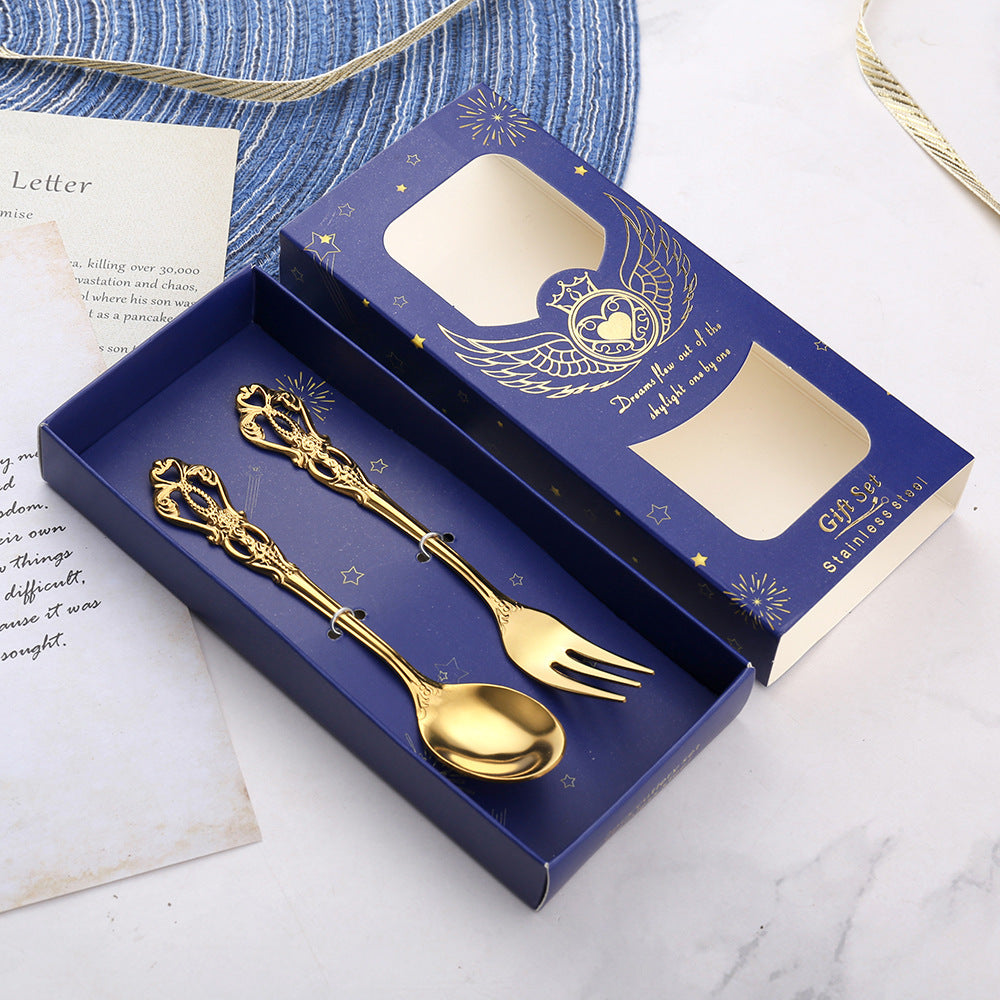 Royal Hollow Embossed Dessert Spoon Three-Tooth Fork Stirring Spoon Set European Style Carved Tableware Gift Vintage Spoon