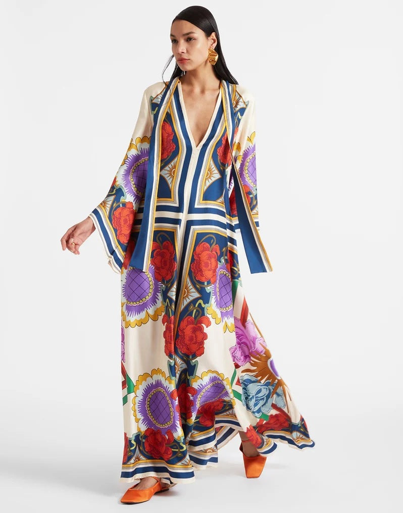 Cross-border foreign trade independent station Amazon Europe and the United States new summer print three-quarter sleeve stand-up collar dress