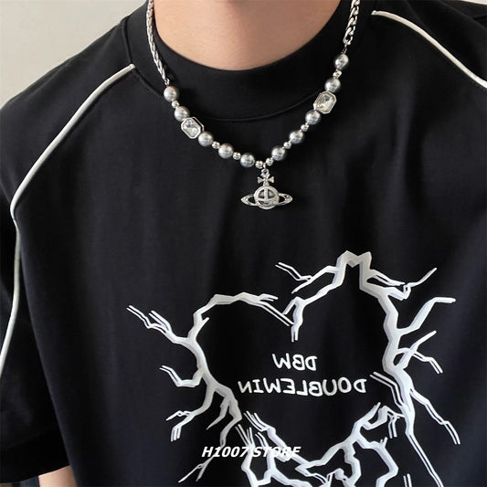 Planet beaded stitching men's necklace girls cold style hip hop niche design high-end couple sweater chain