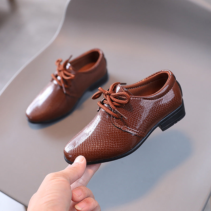 Boys' leather shoes Spring and Autumn 2023 new British style lace-up children's single shoes black performance shoes for middle and college students