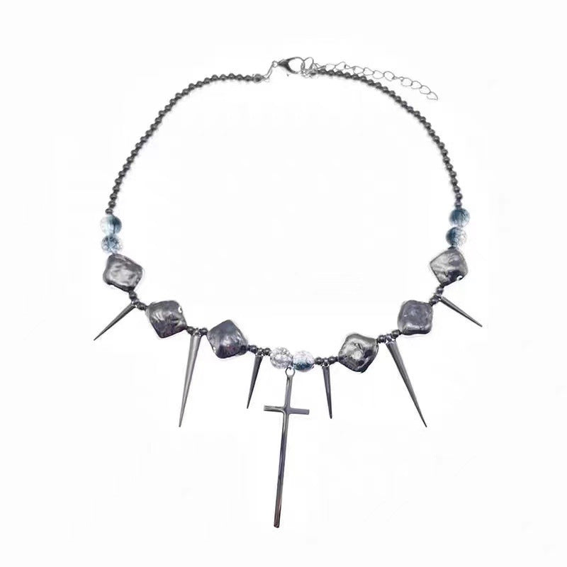 Light luxury punk niche rivet cross splicing men's collarbone chain personality ins exaggerated accessories titanium steel necklace
