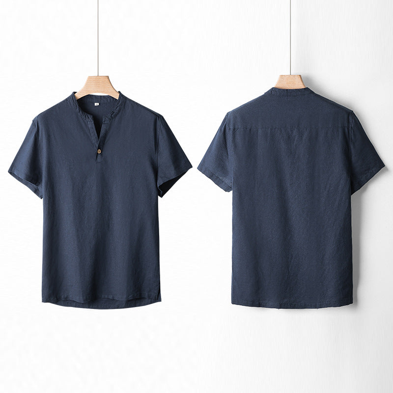 202 men's linen cotton short sleeve pullover stand collar shirt casual linen scoop neck top