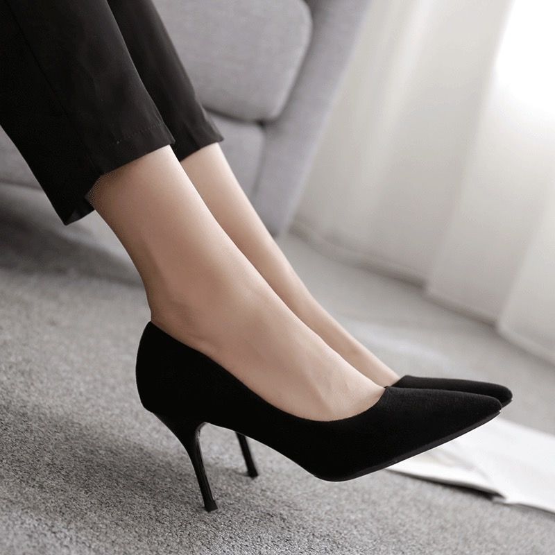 High Heels Women's 2024 Spring and Autumn New Black Stiletto Heel Pointed Toe Shallow Suede Professional Shoes Foreign Trade Plus Size Ceremonial Shoes