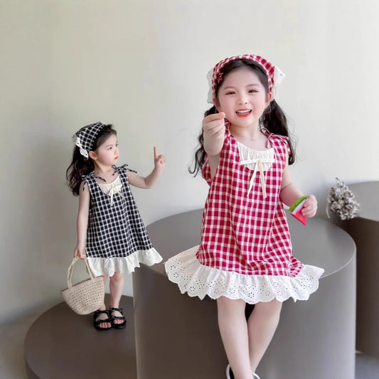 2025 New Summer Girls Girls Children's Sleeveless Lace Plaid Skirt Red Princess Foreign Style Dress Plaid