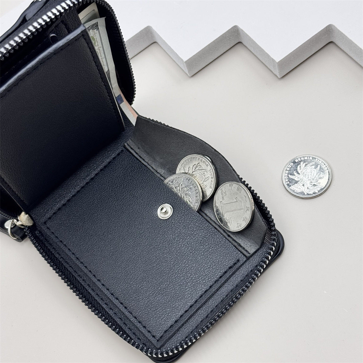 2024 new cross-border wallet men's short horizontal zipper wallet, bi-fold coin wallet, woven pattern stitching wallet