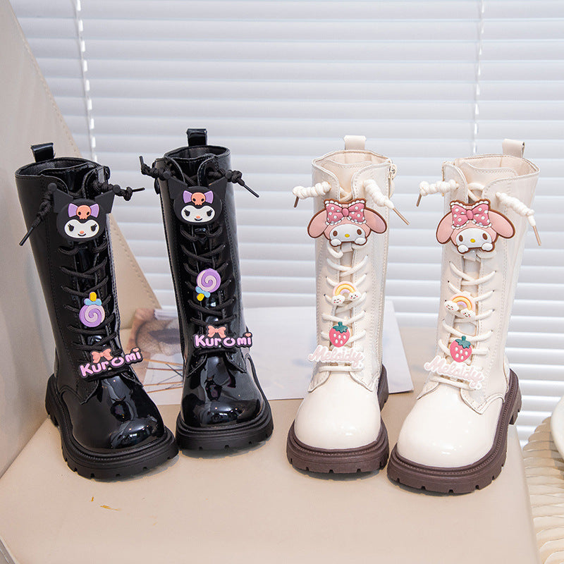 Girls' boots 2025 fall/winter fleece fashion black high boots Korean version of new Martin boots, princess boots leather boots