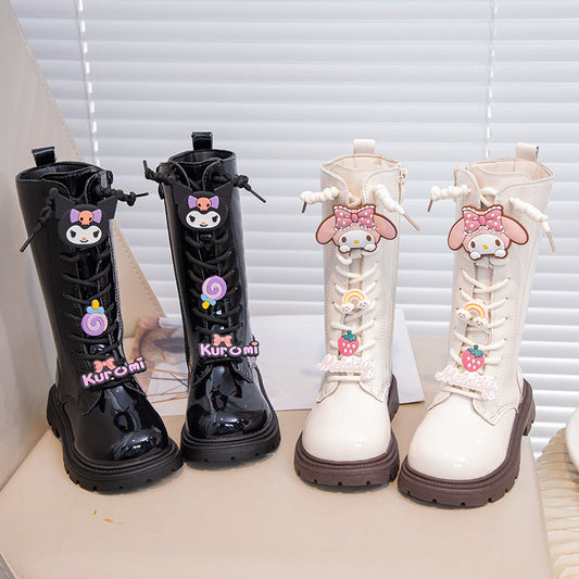 Girls' boots 2025 fall/winter fleece fashion black high boots Korean version of new Martin boots, princess boots leather boots