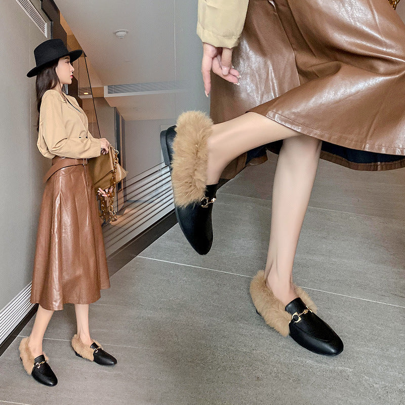 Wool shoes women's winter wear 2025 new autumn and winter flat heel plush bean shoes rabbit fur single shoes women's shoe trend