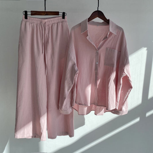 Cross Border Amazon Women's 2 Piece Vintage Plus Size 2025 Shirt Set High Waist Loose Pants Set