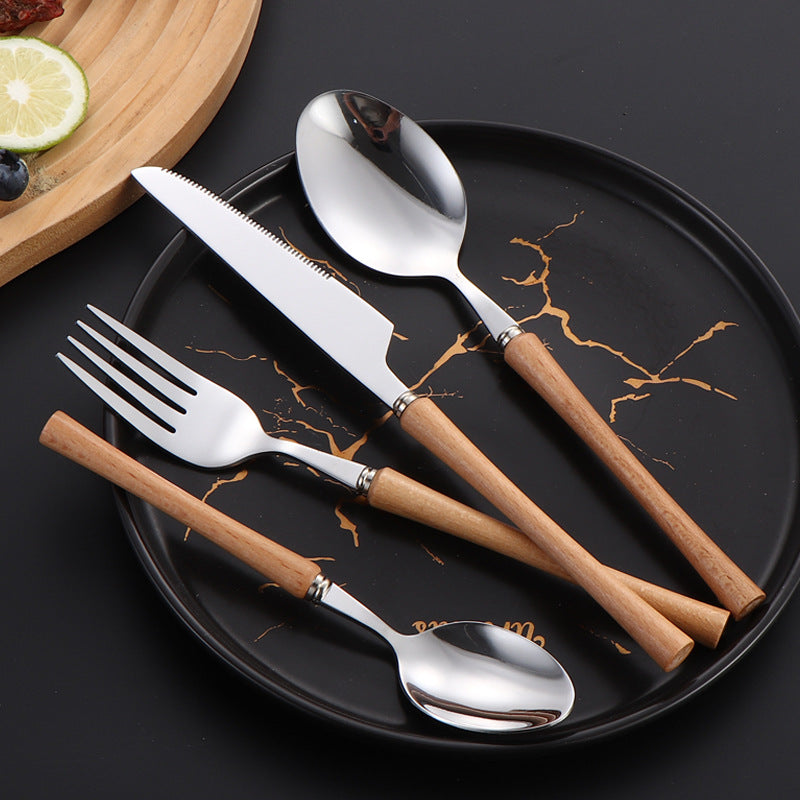 Beech handle cutlery knife, fork and spoon set Japanese style small waist wooden handle fork soup spoon steak knife fork western tableware