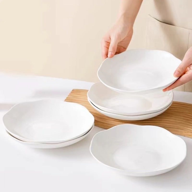 Pure white ceramic plate, vegetable plate, household simple tableware, underglaze colorful vegetable plate, deep dinner plate, Nordic creative lotus leaf plate