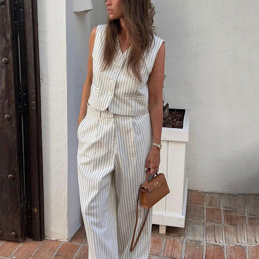 Amazon Hot Sale 2024 New Striped Vest Trouser Set Summer Women's Casual Wear Temperament Commuting Two-Piece Set