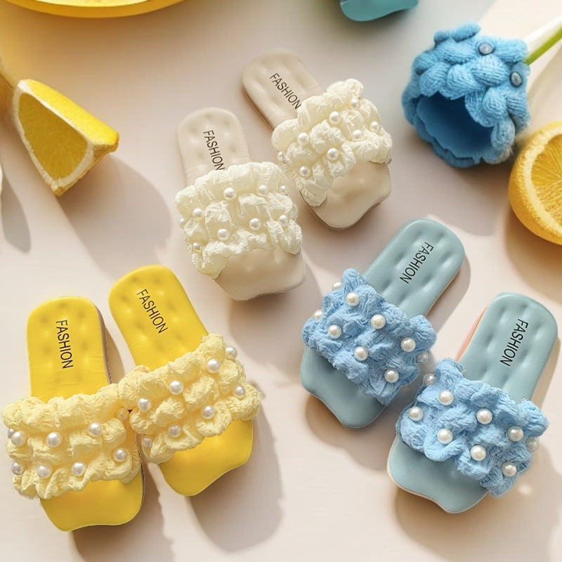 Children's parent-child slippers are worn outdoors in summer, indoor fashion, big pearls, fairy style, soft soles, girls' home, four seasons sandals