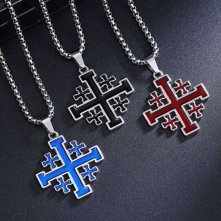 Explosive Retro Versatile Dripping Oil Black Cross Necklace Men's European and American Hip Hop Long Stainless Steel Sweater Accessories
