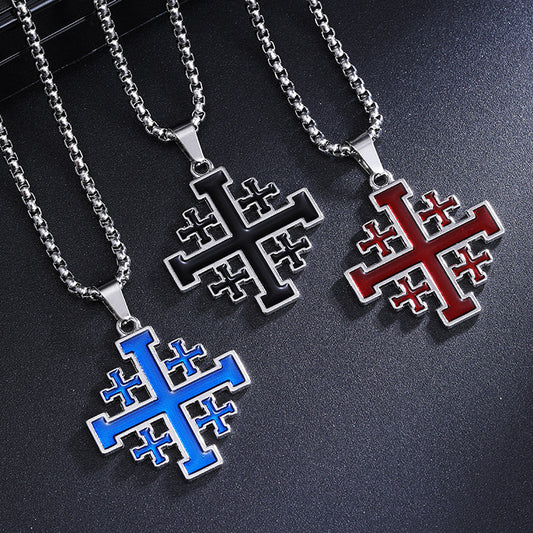 Explosive Retro Versatile Dripping Oil Black Cross Necklace Men's European and American Hip Hop Long Stainless Steel Sweater Accessories