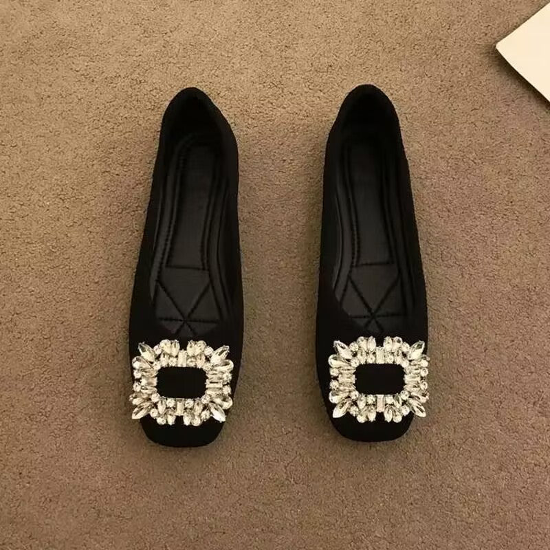 Square toe flat women's single shoes, breathable soft sole, non-slip, net red rhinestones, square buckle shallow lady shoes, beanie shoes, women's shoes
